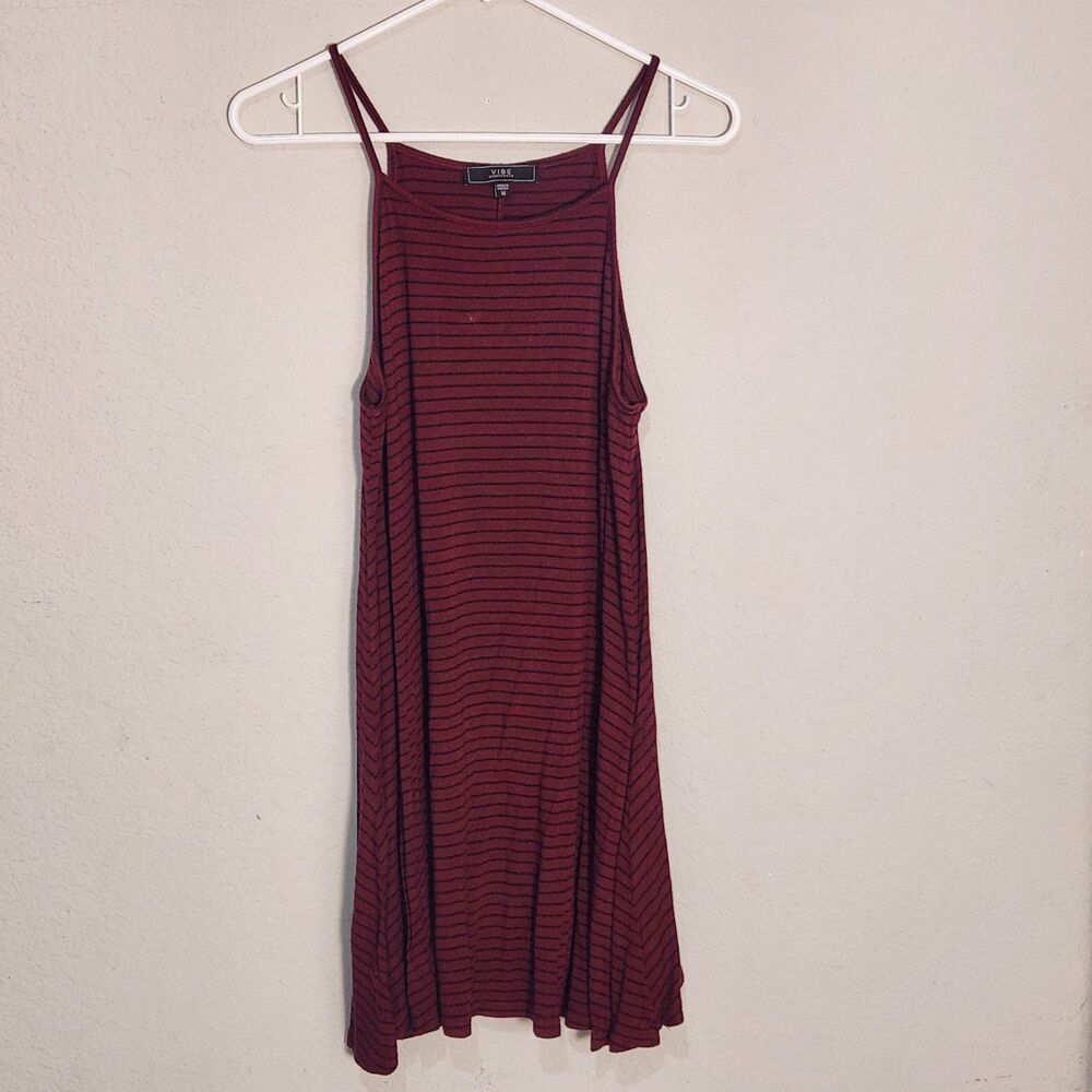 Vibe Sportswear Striped Swing Dress Burgundy Black Sleeveless Women's M Casual